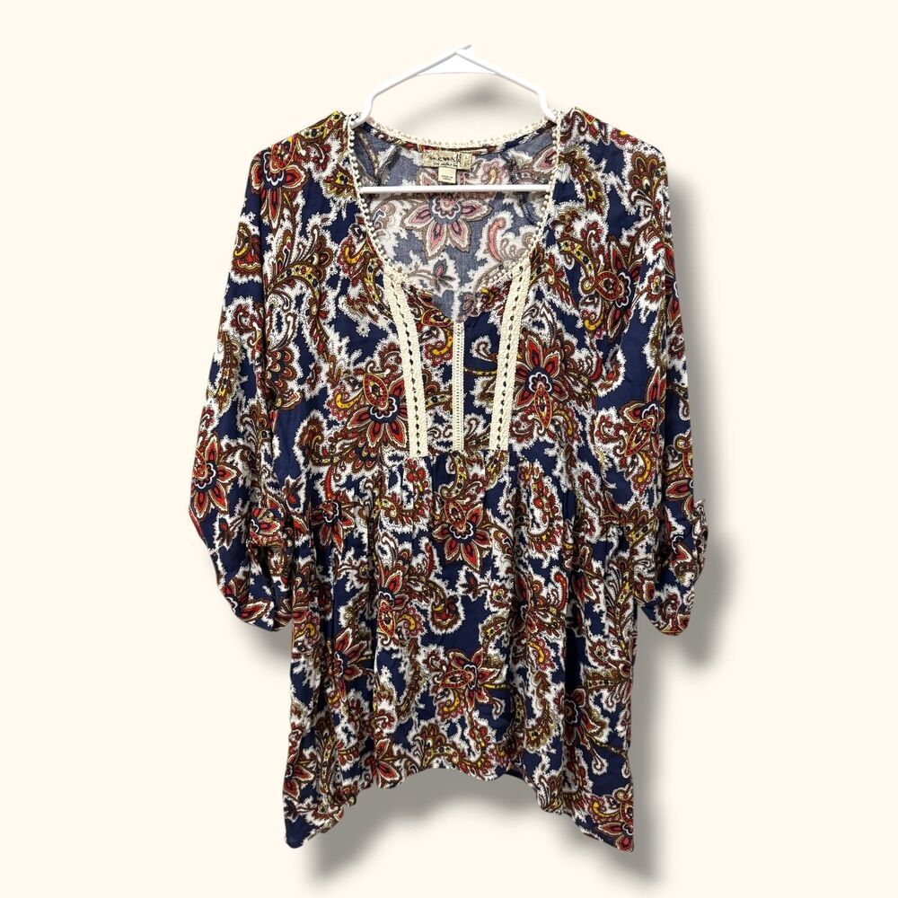 OneWorld Tunic Womens L Navy Paisley Crochet Trim V-Neck Boho 3/4 Flowy Sleeve